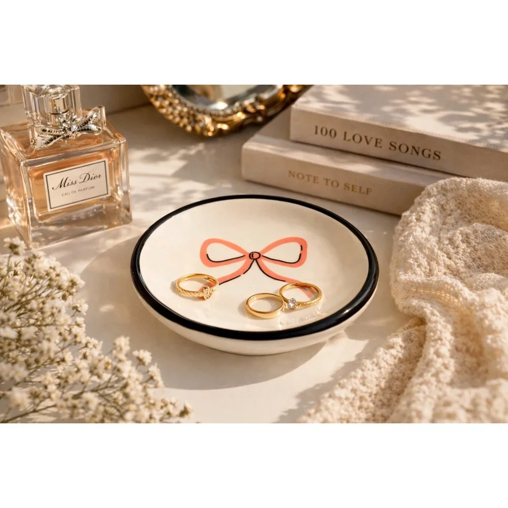 Salmon Pink Bow Ceramic Trinket Dish Jewelry Ring Tray